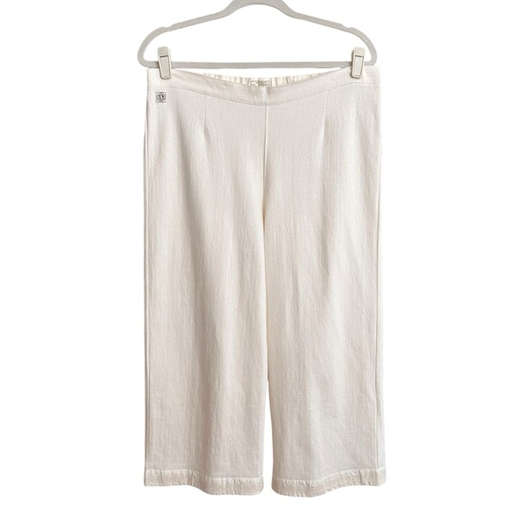 THE EARTH COLLECTION Natural Cotton Cream Wide Leg Crop Pants Greek Key Hem XXL - Picture 1 of 10
